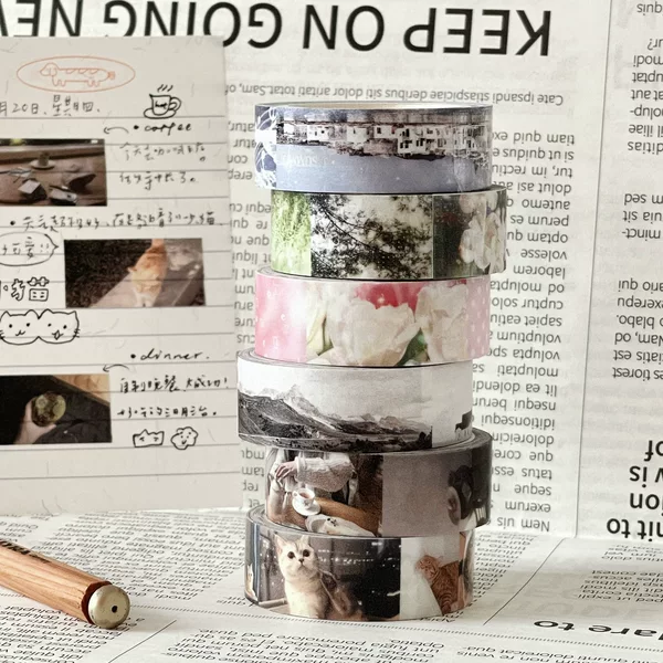 Real shot of landscape cat washi tape, perfect for scrapbooking, journaling, and photo album decoration