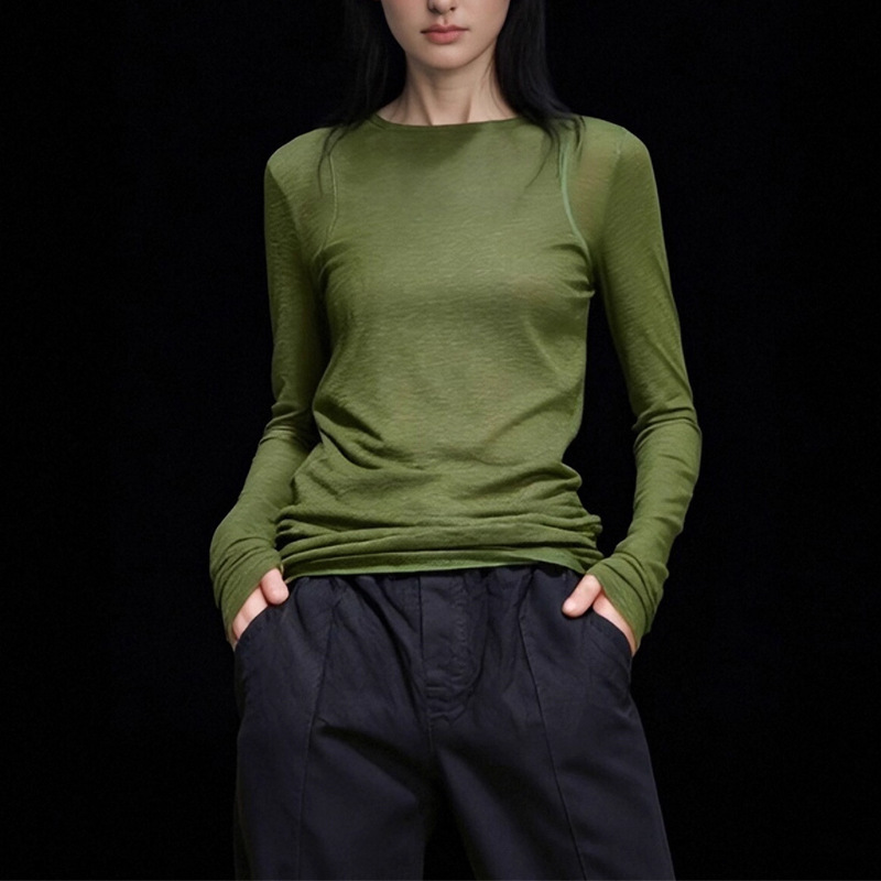 High-End Long-Sleeved Round Neck T-Shirt for Women Autum New Green Simple Casual Inner Wear Slimming Look Mask T-Shirt