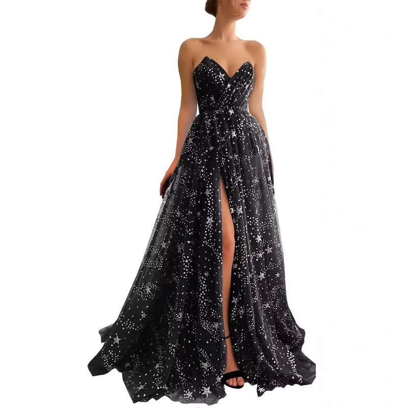 European and American Style Sparkling Navy Blue Starry Sky Tulle Ball Gown Elegant Evening Dress with V-Neck and Slit, High-End Cross-Border Design
