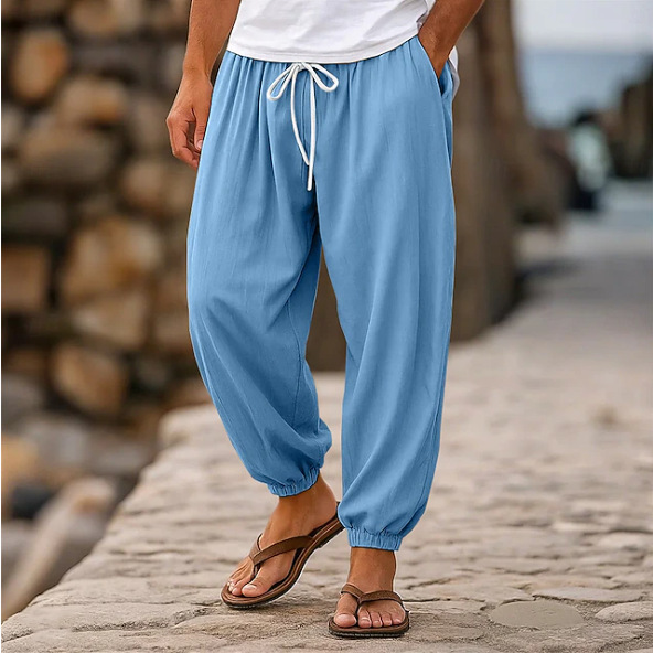Autumn Style Wide Men's Cotton and Linen Trousers Summer Jogging Pants Elastic Waist Straight High Waist Solid Color Comfortable and Breathable