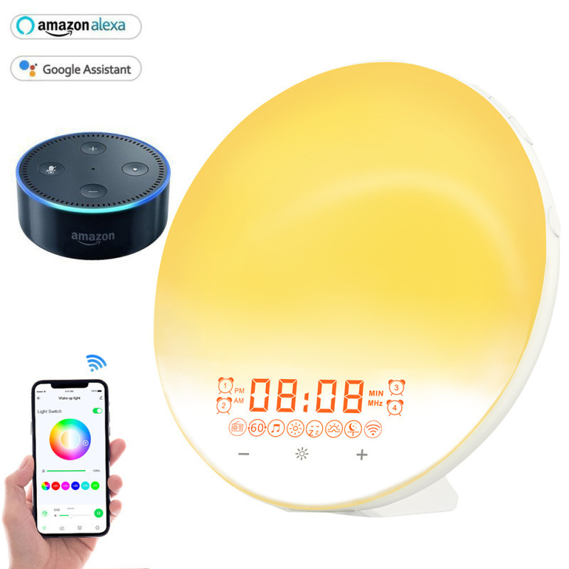 スマート日の出覚醒灯電子時計落書きapp無線wifi音声七彩ベッドサイド音楽雰囲気灯|undefined