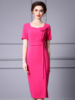 Rose Red Triacetic Acid Dress Summer 3D Flower Chicken Heart Neck Short Sleeve Wrap Hip Skirt