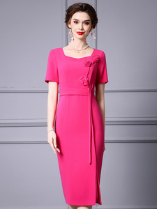 Rose Red Triacetic Acid Dress Summer 3D Flower Chicken Heart Neck Short Sleeve Wrap Hip Skirt