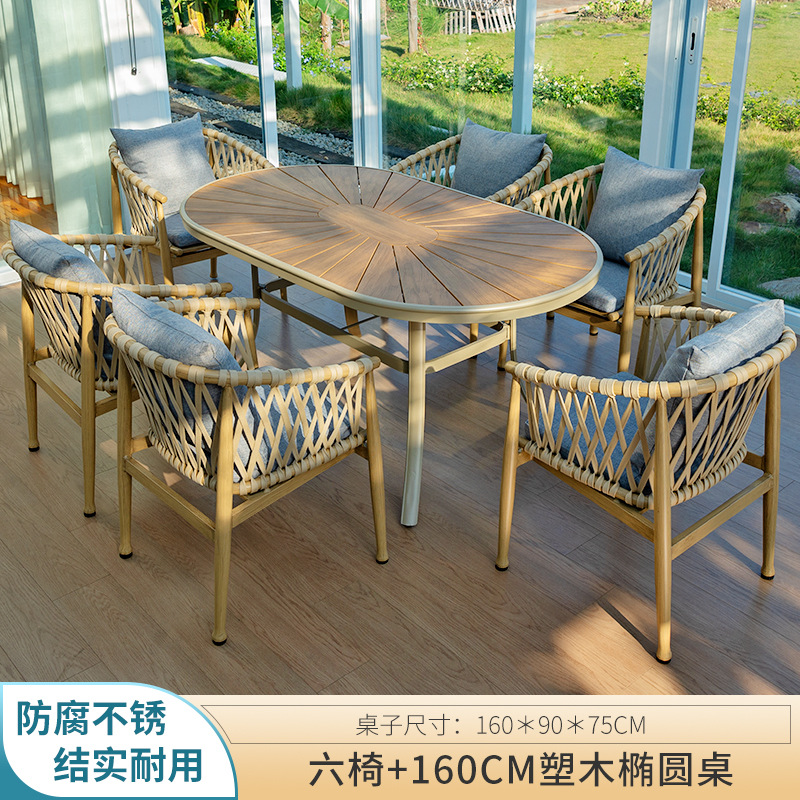 Seis sillas 160cm mesa redonda elíptica de madera plástica