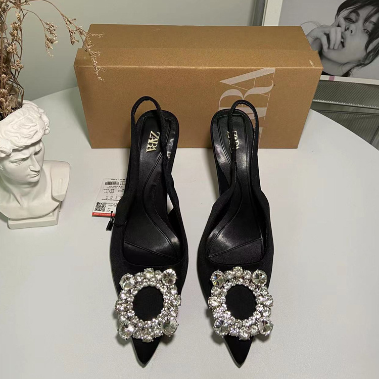 Zara, sexy sandals pointed-toe with rhinestones low-cut stiletto heels, 2023 collection, open heel