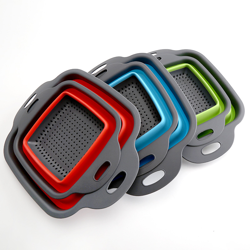 Fábrica al por mayor en stock cuadrado plegable cesta de drenaje plegable filtro de agua azul fruta retráctil Azul 2 piezas conjunto