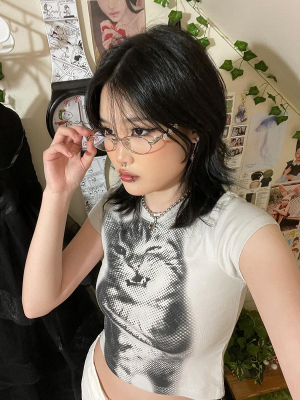 アメリカンホットガールプリントキャットTシャツデザイン、ファッショナブルでトレンディーなスタイル、女性用のタイトフィット、スリムフィット、ショートトップ|undefined