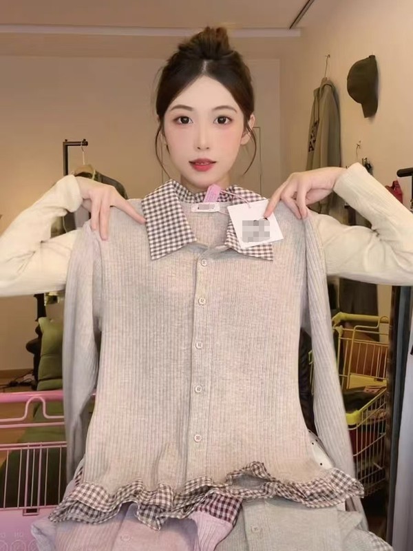 格子拼接假两件长袖T恤网红ins短款POLO领撞色修身打底上衣女秋冬|undefined