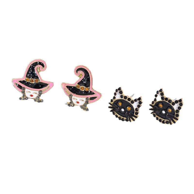 ハロウィンオイルドロップイヤリング卸売 欧米越境アクセサリー リトルモンスター ダイヤモンド付きパンプキンイヤリング 魔女マスクイヤリング|undefined