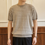 ZY8103T-MW老钱风条纹圆领针织短袖通勤百搭夏季时尚简约T恤，男装针织衫/毛衣，星座614