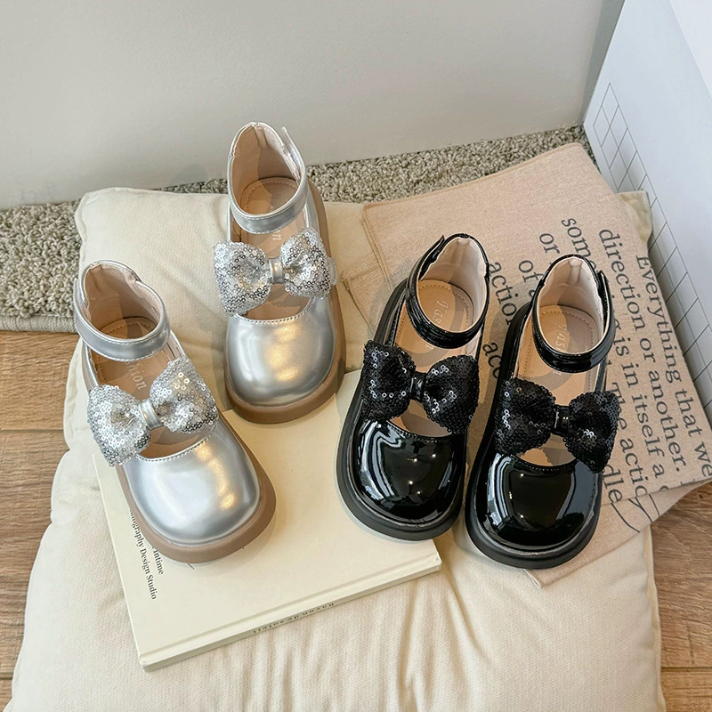 Детская кожаная обувь 2024 осенняя корейская версия иностранных девушек с блестками