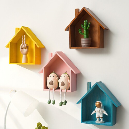 Wooden small house retro nostalgic home wall entrance decoration wall hanging wooden decoration shelf simple