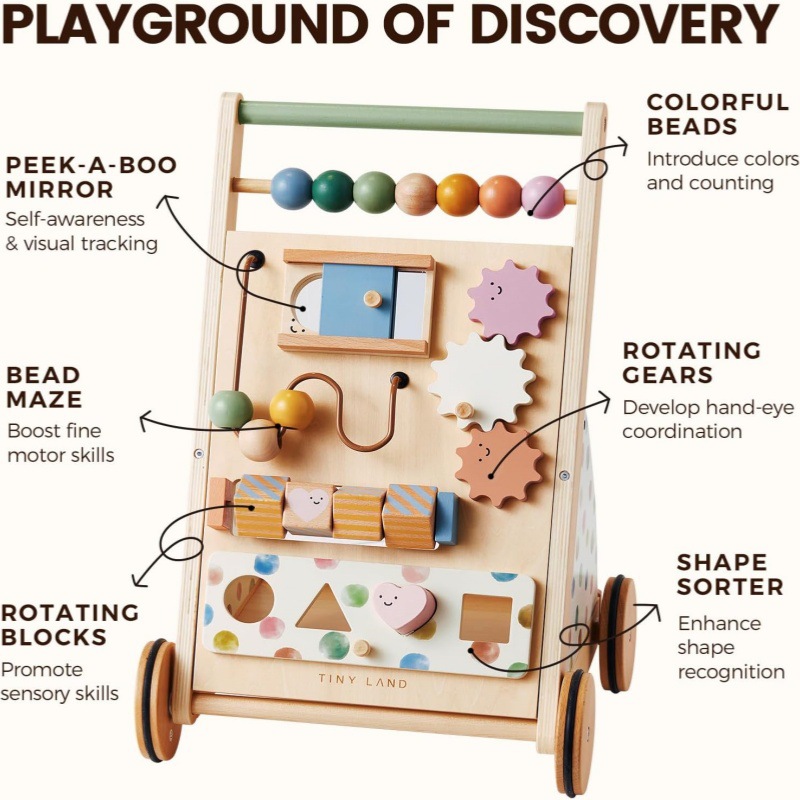 Andador de Madera para Bebé, Cochecito Tres en Uno Multifuncional, Juguete de Empuje para Bebés de Un Año que Aprenden a Caminar, Regalo de Primer Cumpleaños