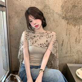 LC722莫代尔260克-豹纹披肩无袖t恤女夏季收腰修身显瘦设计假两件