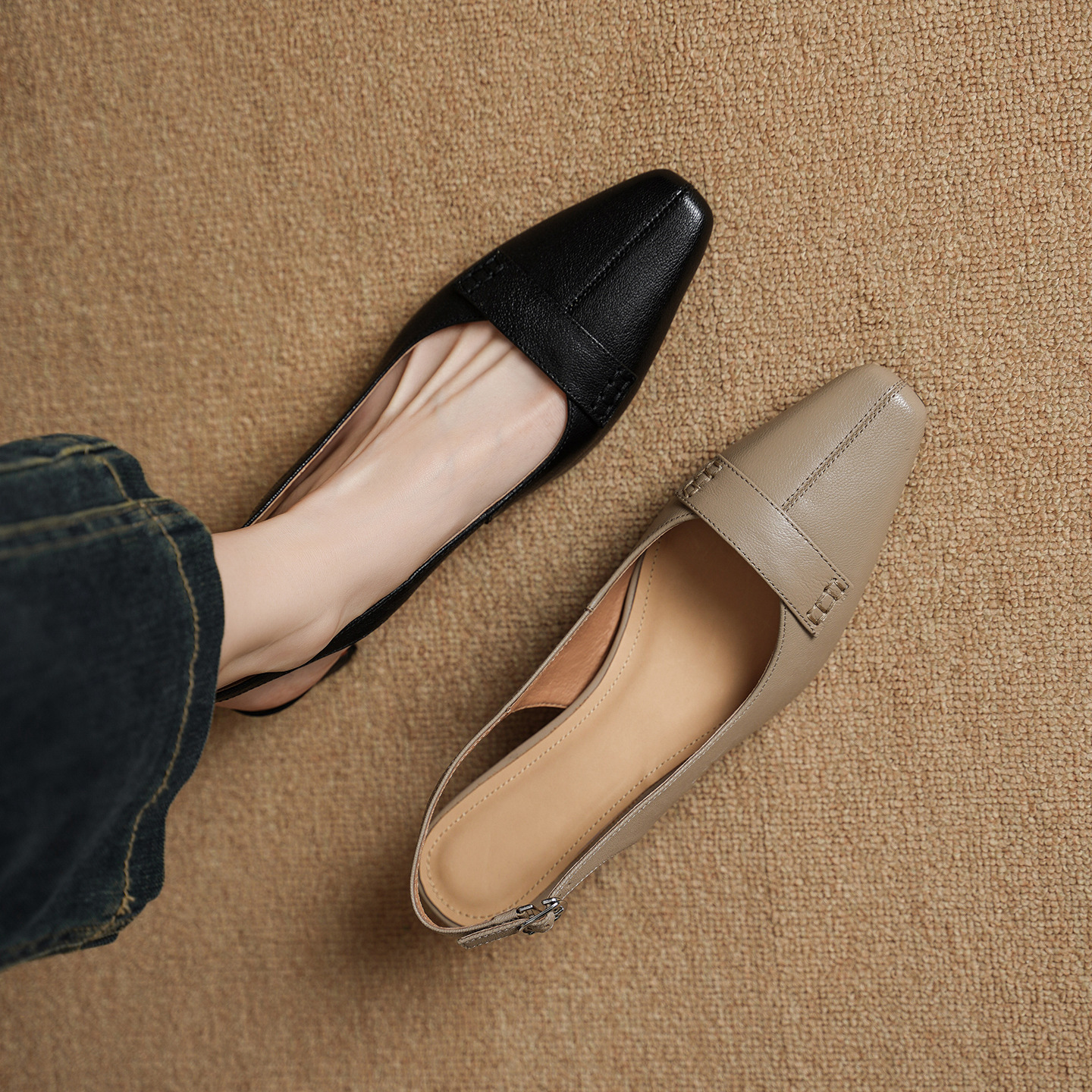 Sandal nữ da dê gót vuông 4.5 cm mũi kín hở gót phong cách Hàn Quốc — đen chi tiết 3