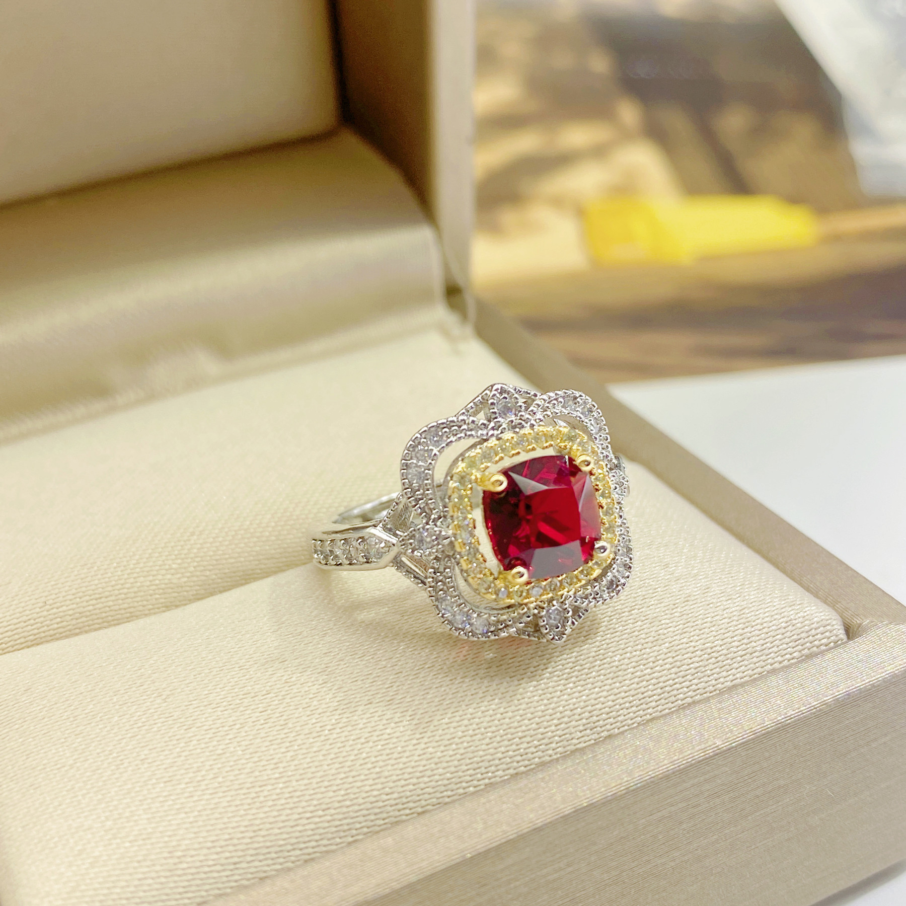 Italian woven pattern carved gold brushed iris natural Mozambique unheated pigeon blood ruby ring female_voghion.com