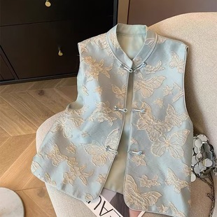 New Chinese Style Butterfly Embroidery Vest, Elegant Buckle, Chinese Style Sleeveless Vest, Butterfly Embroidery Blue, Southeast Asia and Others