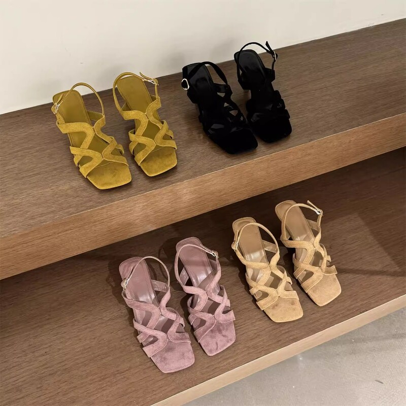 Ready Stock Shipped in Seconds! Square Toe Open-Toe Elegant Sandals for Women, Suede Cross-Strap Stiletto Heels, Feminine and Versatile Sandals