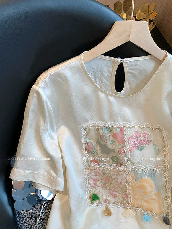 新しい中国風のジャカード刺繍半袖Tシャツ夏の新しいハイエンド気質年齢を軽減するサテンレディーストップ|undefined