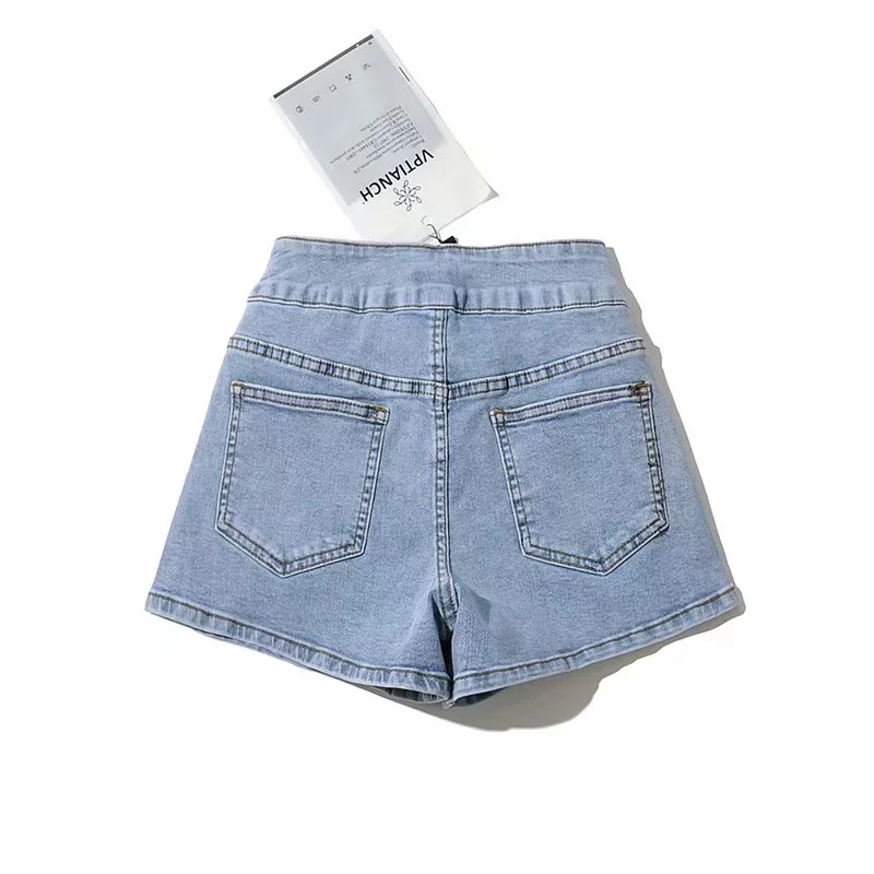 irregular two-button high waist stretch split denim shorts  NSAC57400