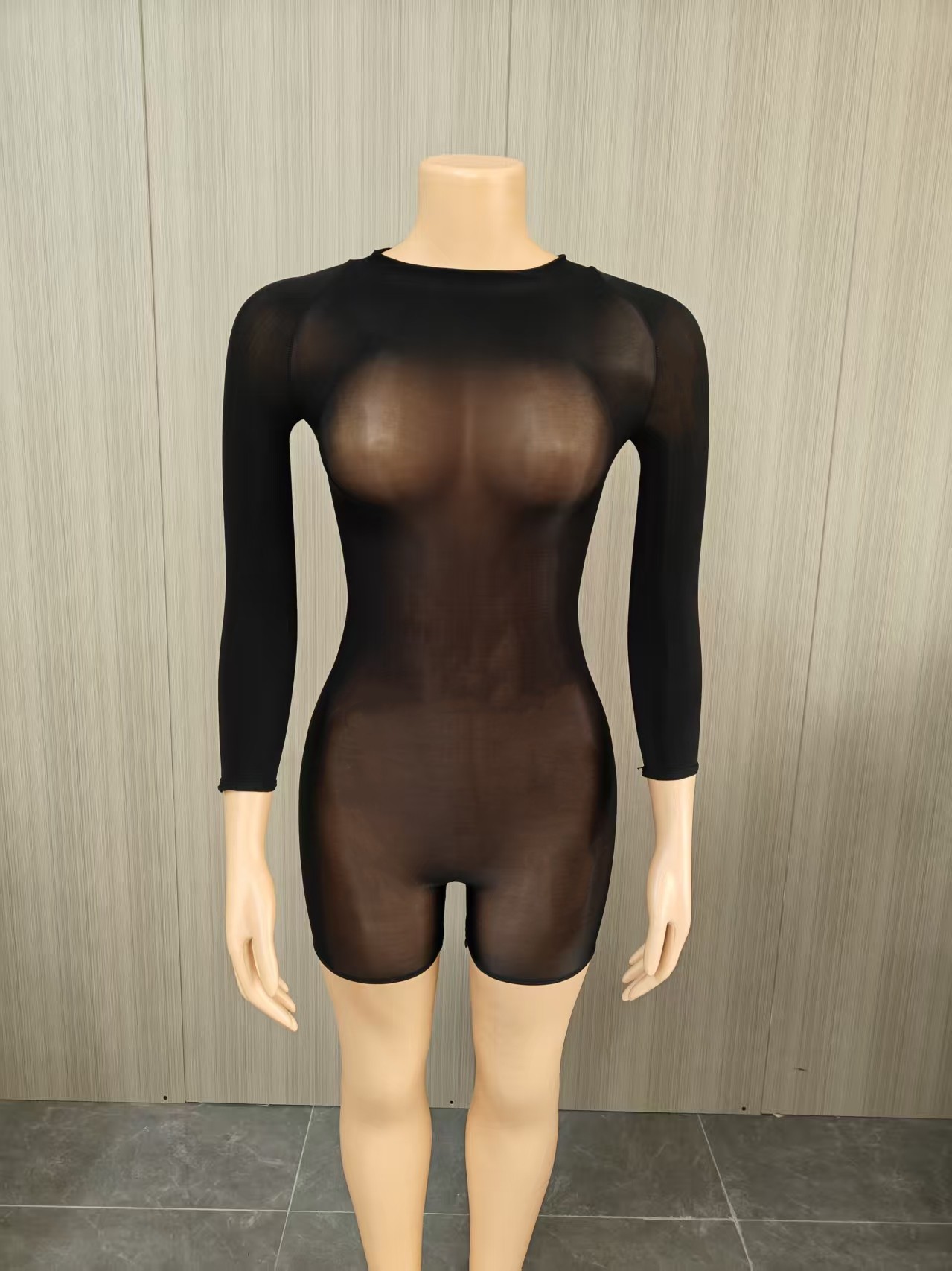 Glänzender Transparenter Bodysuit Langarm Elastischer Catsuit_voghion.com