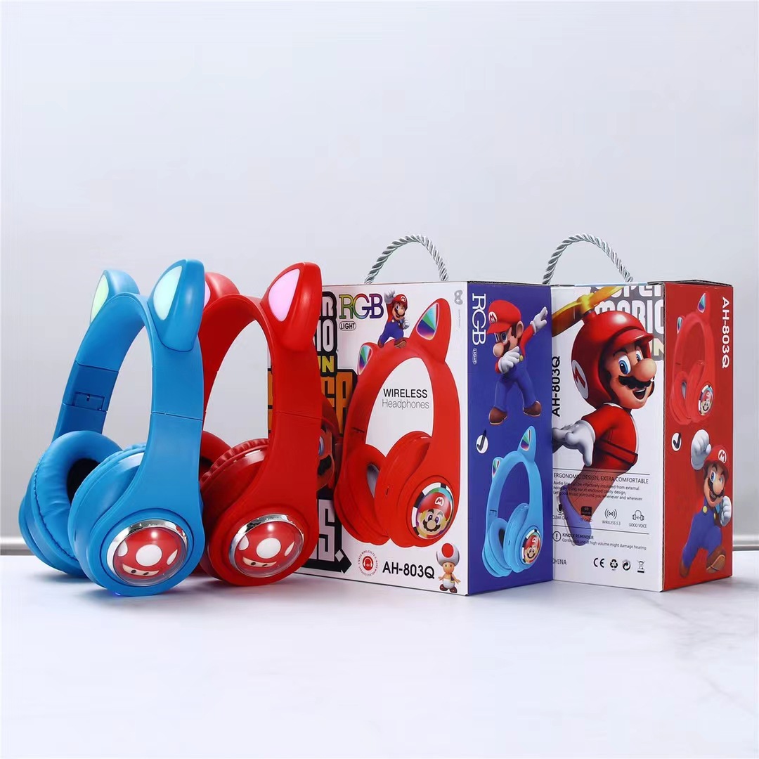 Comercio exterior AH-803Q oídos de gato Mario auriculares Bluetooth inalámbricos auriculares estéreo plegables de dibujos animados