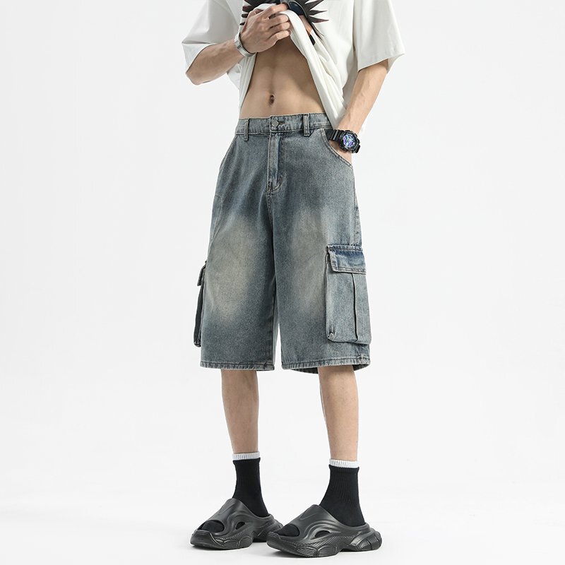 Large Pocket Workwear Denim Shorts Men's Summer Five-point Pants Loose Straight Wide-leg Mid-length Pants American Style High Street Pants Thin Large Pocket Workwear Denim Shorts Men's Summer Five-point Pants Loose Straight Wide-leg Mid-length Pants American Style High Street Pants Thin