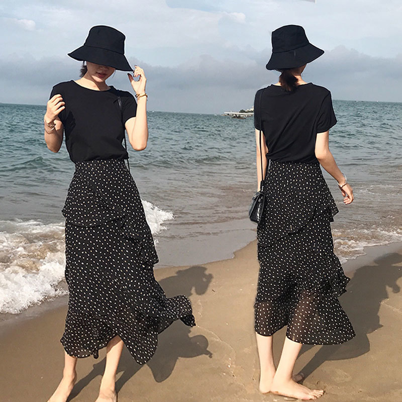 雪纺半裙不规则身女夏季高腰中长款a字鱼尾纱波点包臀蛋糕子厂家
