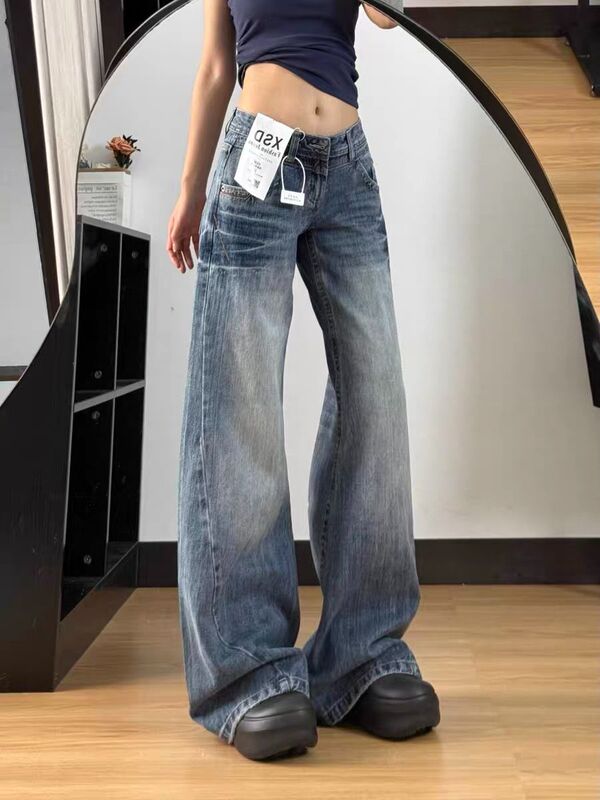 美式复古折痕磨白牛仔裤女夏季低腰显瘦宽松直筒阔腿拖地梧桐裤子|undefined