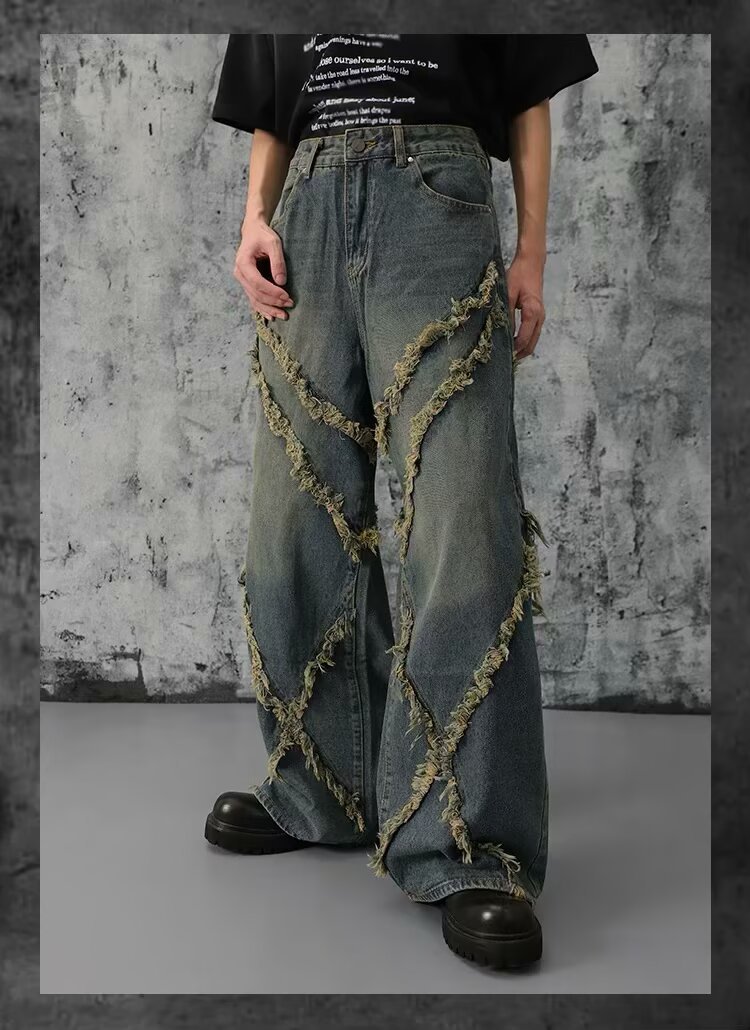 Unisex High Street Vintage Washed Distressed Patchwork Jeans Relaxed Wide Leg Straight Denim Pants for Men And Women_mkmklike.com