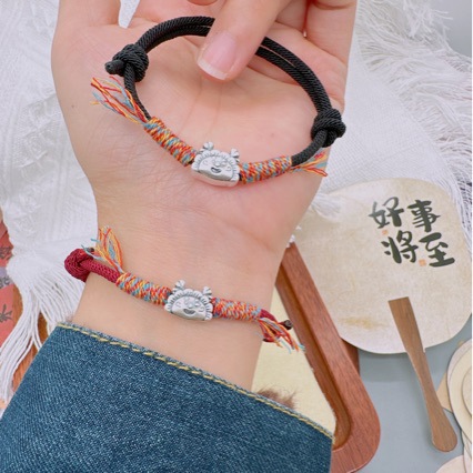 Smiling mouth always open Little Dragon dumpling good luck auspicious Original Design Pure Silver 999 woven hand rope niche men and women bracelet