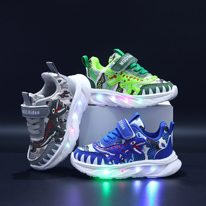 Mgo Kidss Spring and Autumn New Children's Sports Shoes Handsome Tyrannosaurus Rex Led Luminous Children's Shoes 1-6 Years Old Boys' Sports