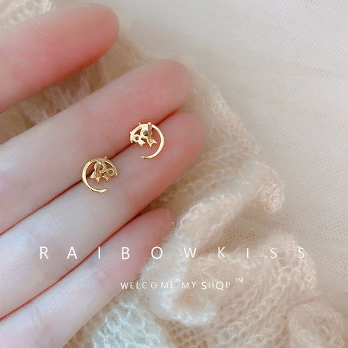 Cat on the Moon Earrings Women's Simple Small Earrings  New Trendy Sleeping Ear Hole Student Earrings