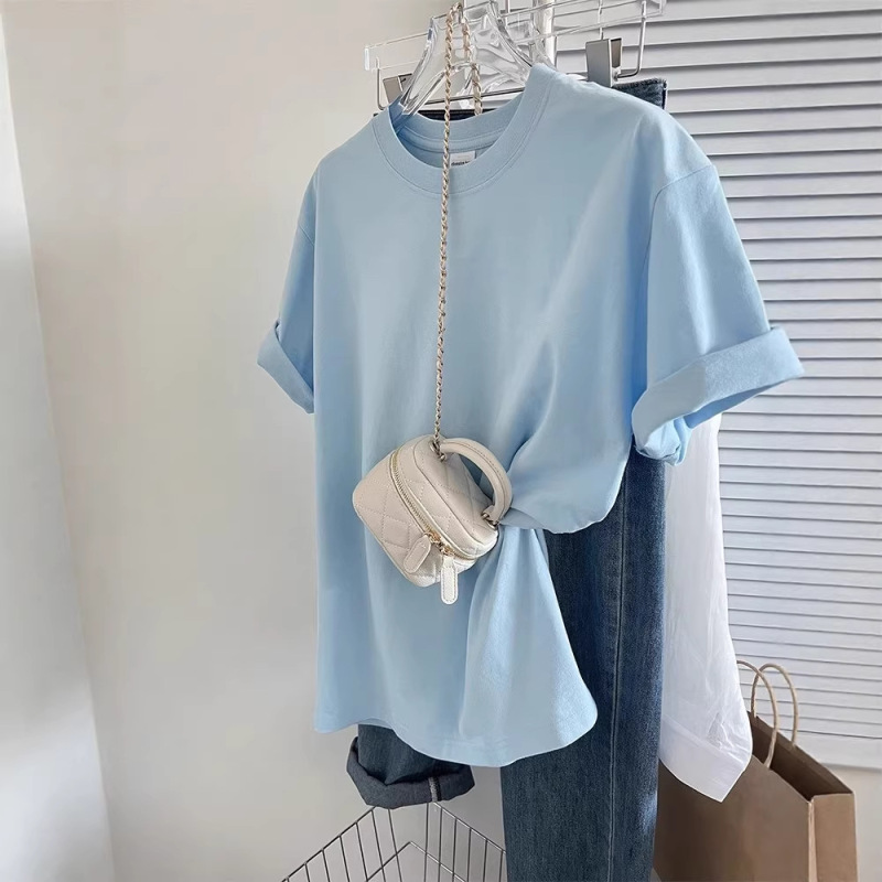 Pure Cotton Blue Short-Sleeved T-Shirt for Women, New Summer Style, Loose and Slimming, Solid Color T-Shirt, Simple and Versatile Half-Sleeved Top