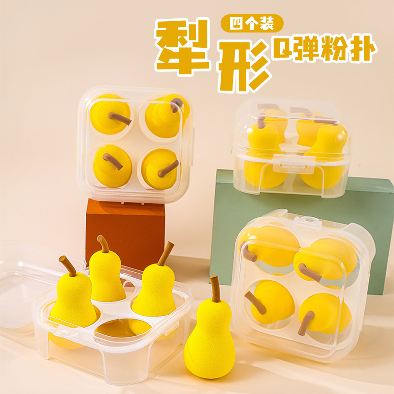 Fábrica en stock 4 caja de huevos de maquillaje en forma de pera serie de frutas secas y húmedas super suaves esponjas de maquillaje huevo en polvo