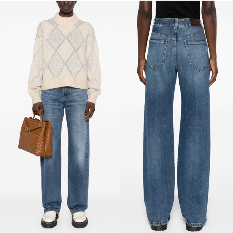 2025 Spring and Summer New European and American BC Same Style High Waist dark blue Line Straight Micro Elastic Denim Trousers for Women