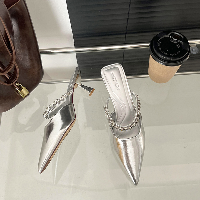 Plus Size Rhinestone Pointed Toe High Heels 2025 New Black Silver Strap Slippers Fairy Style Summer Outdoor Wear_vogvips.com