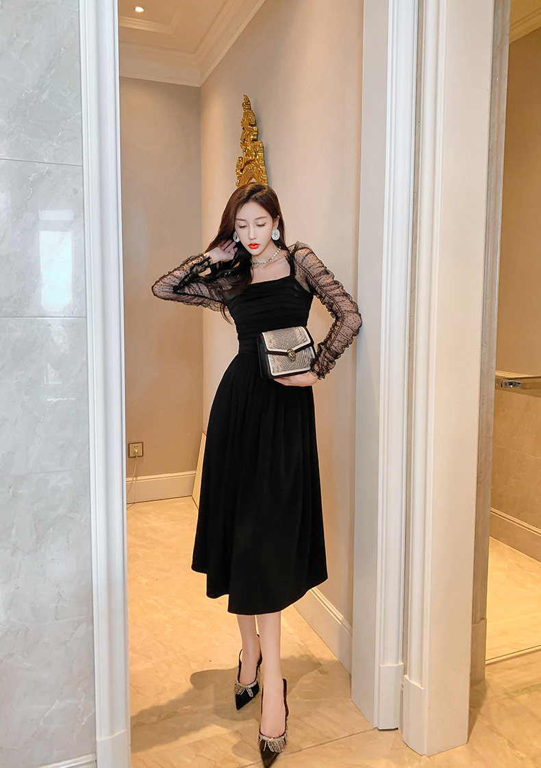 Váy đen ngắn kiểu Hepburn phối lưới tay bồng cổ vuông eo xếp ly — Màu đen chi tiết 14