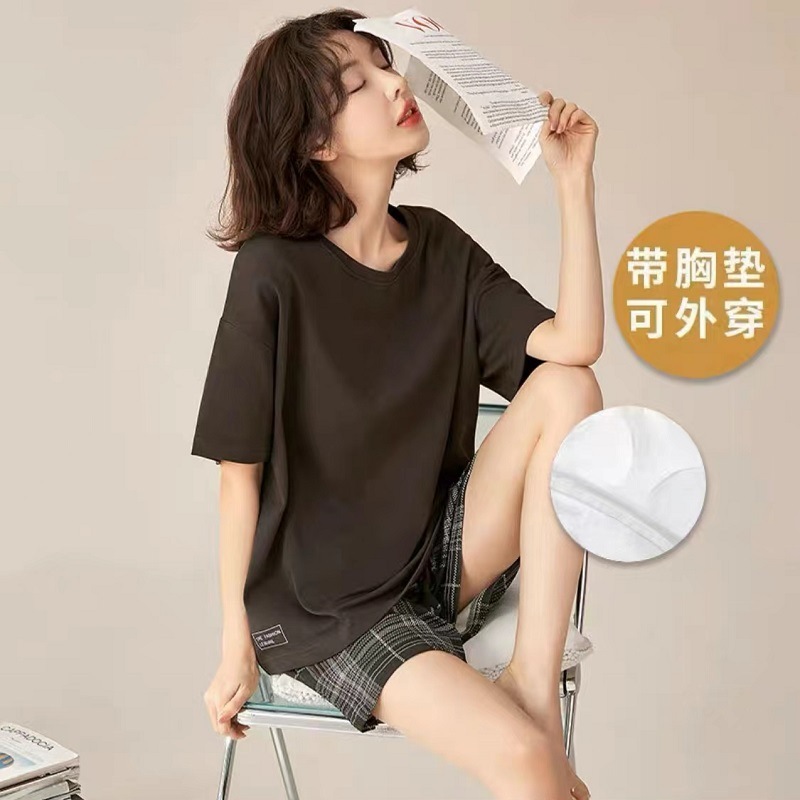 パジャマ女性の夏は胸パッド付きの半袖半ズボンセット夏はカジュアルでゆったりしています。|undefined