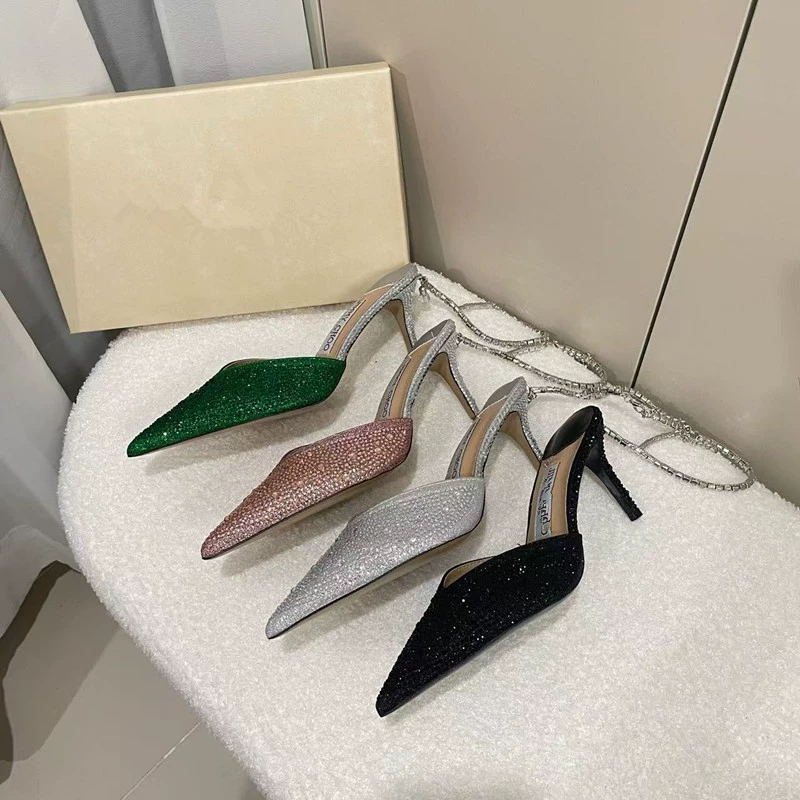 2025 новый jc с пряжкой стразы сандалии женские летние заостренные каблуки на высоком каблуке из кожи светлого рта хрустальные свадебные туфли