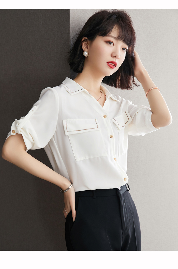 Áo sơ mi nữ tay ngắn rộng rãi chất voan trắng thiết kế mùa hè — Màu trắng chi tiết 9