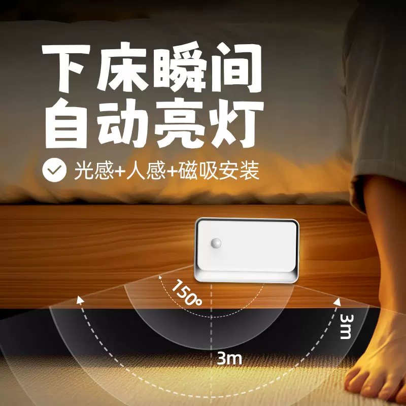 智能联动人体感应灯楼梯过道地脚灯磁吸免布线壁灯起夜充电小夜灯