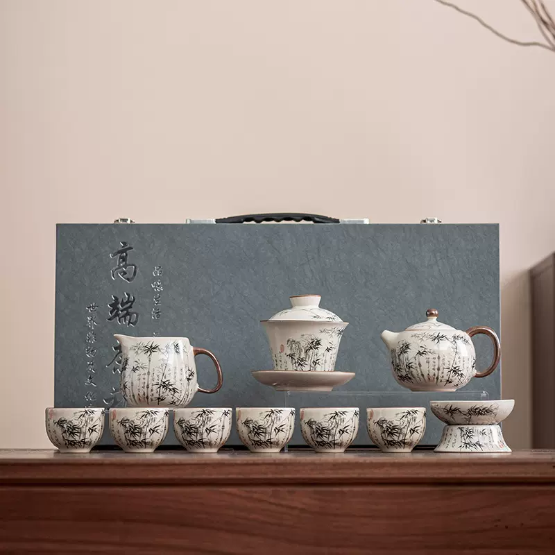 竹节汝窑茶具套装高端全套2024新款家用茶杯泡茶壶陶瓷中式礼盒装