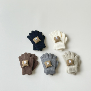 Little Bear Knitted Children's Gloves Girls' Winter Outdoor Warm Hand Guard Baby's Five-Finger Gloves Autumn and Winter Boys' Fashion