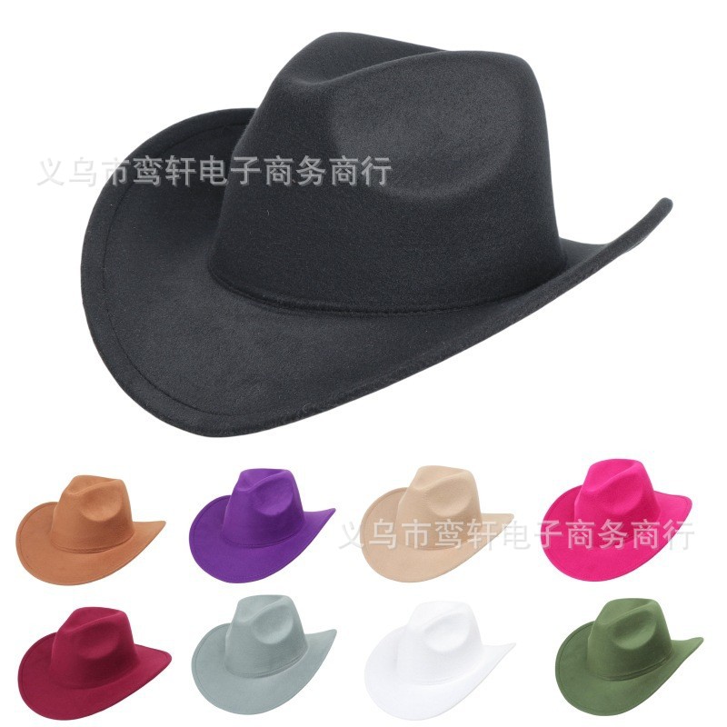 Cross-Border Black Woolen Cowboy Hat European and American Solid Color Woolen British Jazz Hat Men and Women Couple Sun Hat Decorative Hat