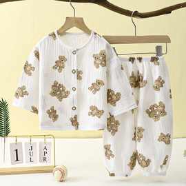 儿童薄款双层棉纱纱布睡衣夏季女童家居服宝宝长袖灯笼裤空调套装