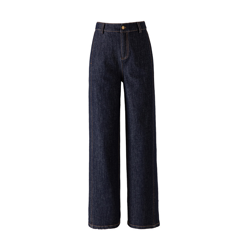 Quần jean ống rộng nữ eo cao denim đường chỉ tương phản — màu denim