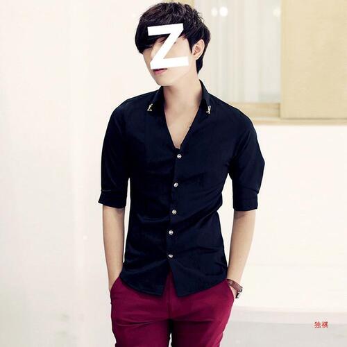 Men's Fashion Short-Sleeve Shirt Slim Fit Korean Style White Hair Stylist Mid-Sleeve Short-Sleeve 7/8 Sleeve Collarless Shirt