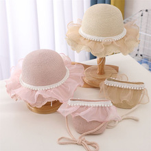 夏季新款珍珠蕾丝草帽包包套装可爱公主女童出游太阳帽遮阳帽