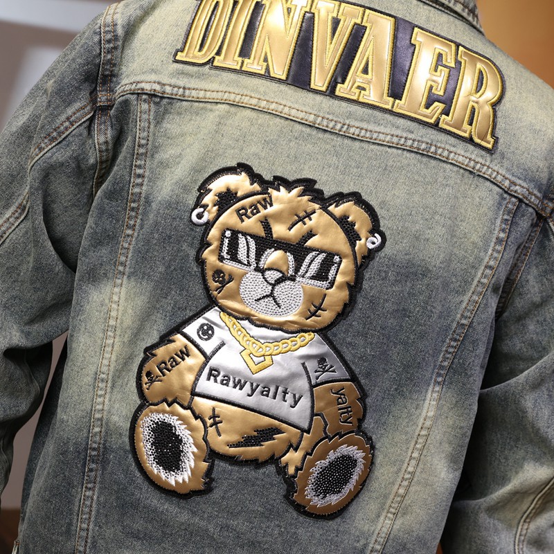 Giacca di jeans da uomo stile biker con ricami di lusso_voghion.com
